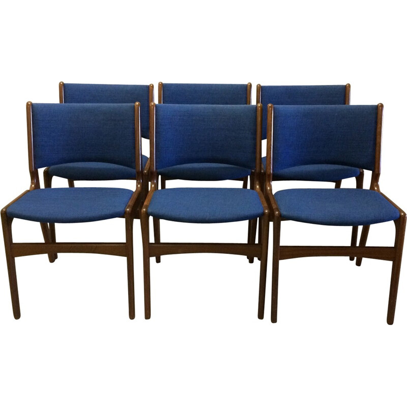 Suite de 6 chaises en teck massif et tissu bleu d'Erik Buch - 1960
