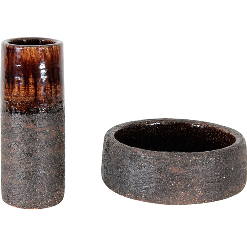 Conjunto de cerâmica escandinava, vaso e tigela de Ulla Kraitz, 1970