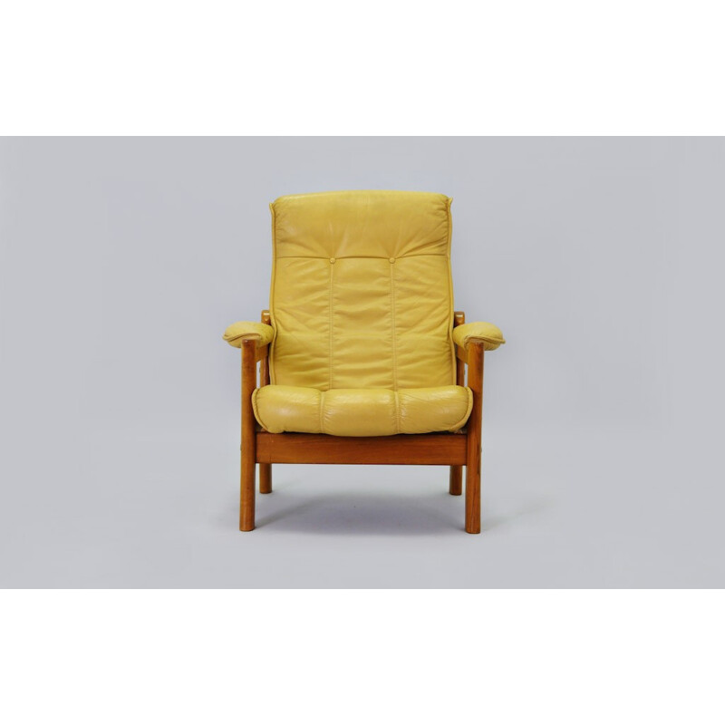 Fauteuil vintage scandinave en cuir jaune - 1970