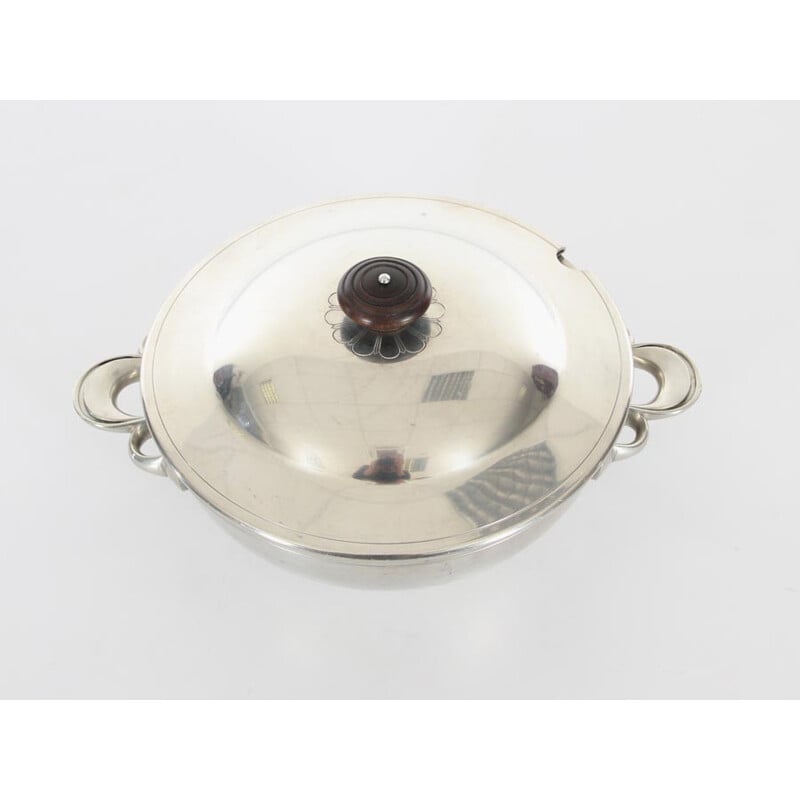 Pot avec couvercle vintage en metal disko argenté par Just Andersen, 1930