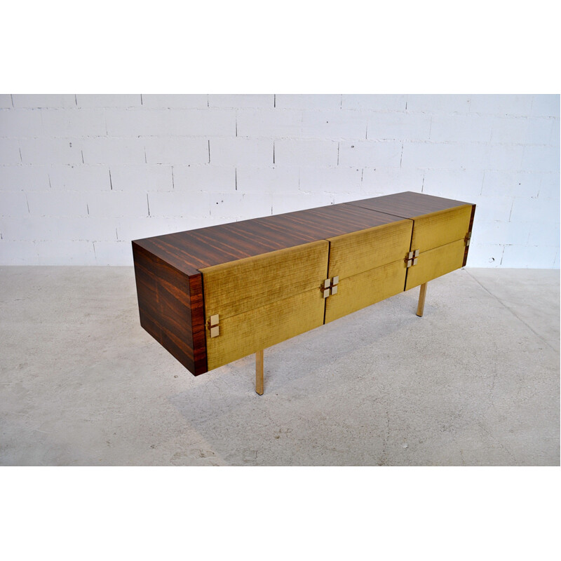 Sideboard in rosewood and light green velvet, Roger LANDAULT - 1960s