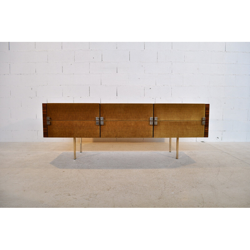 Sideboard in rosewood and light green velvet, Roger LANDAULT - 1960s