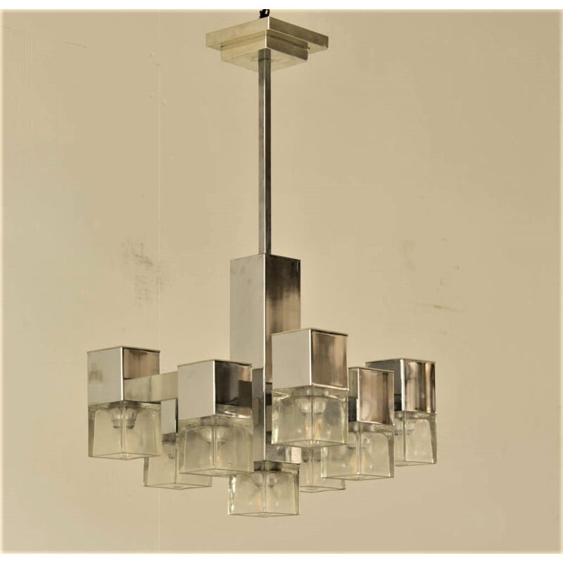 Chrome and glass chandelier by Gaetano Sciolari - 1970s