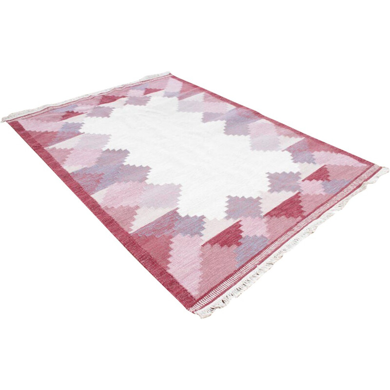 Scandinavian pink Rolakan hand woven wool  rug - 1950s