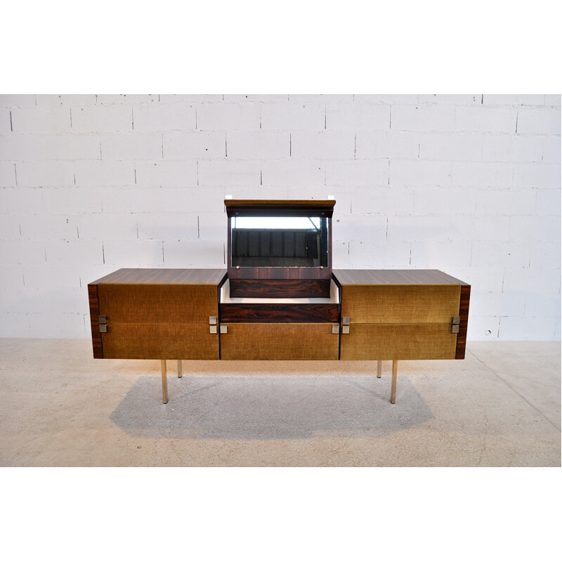 Sideboard in rosewood and light green velvet, Roger LANDAULT - 1960s