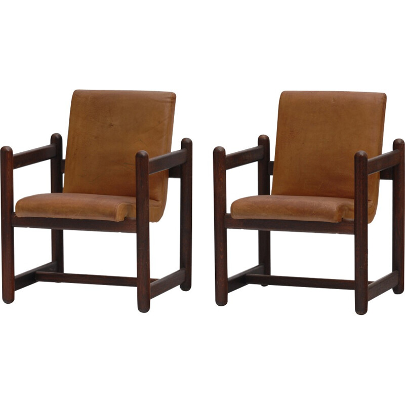 Pair of Leather Vintage Brown Armchairs - 1980s