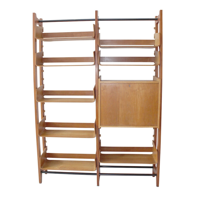 Vintage Italian library dressed with curved birch shelves - 1950s