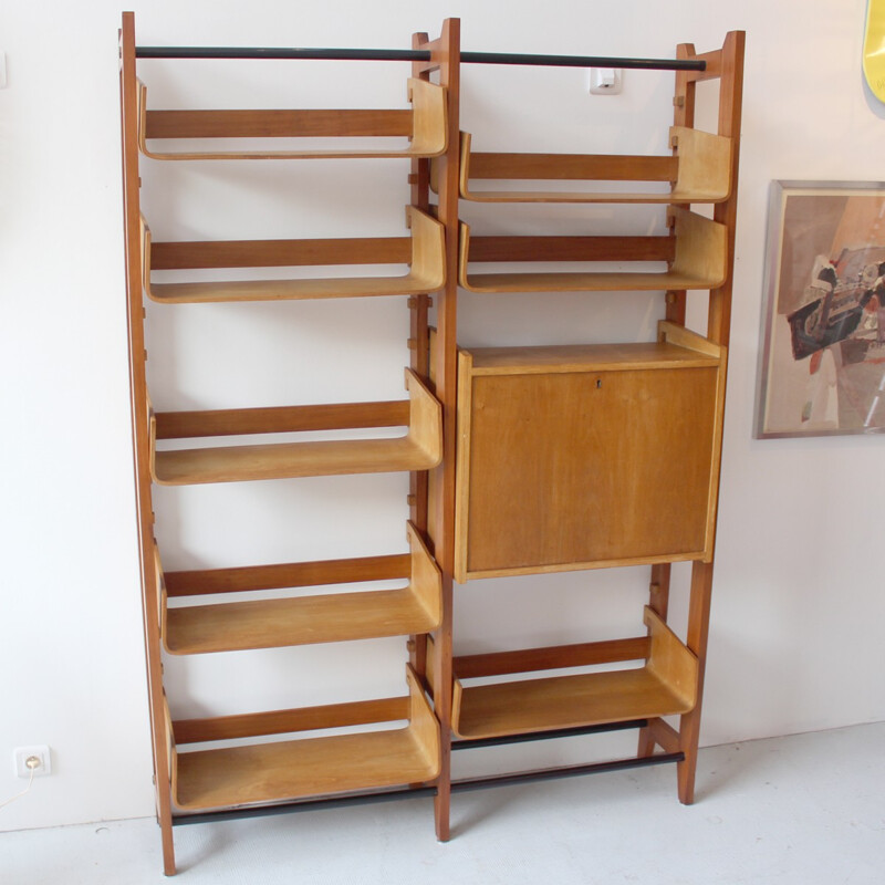 Vintage Italian library dressed with curved birch shelves - 1950s