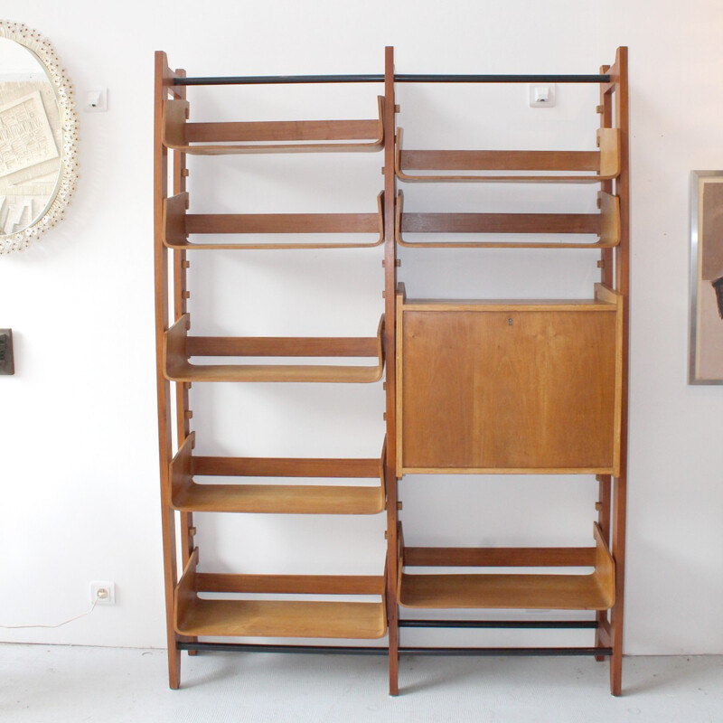 Vintage Italian library dressed with curved birch shelves - 1950s