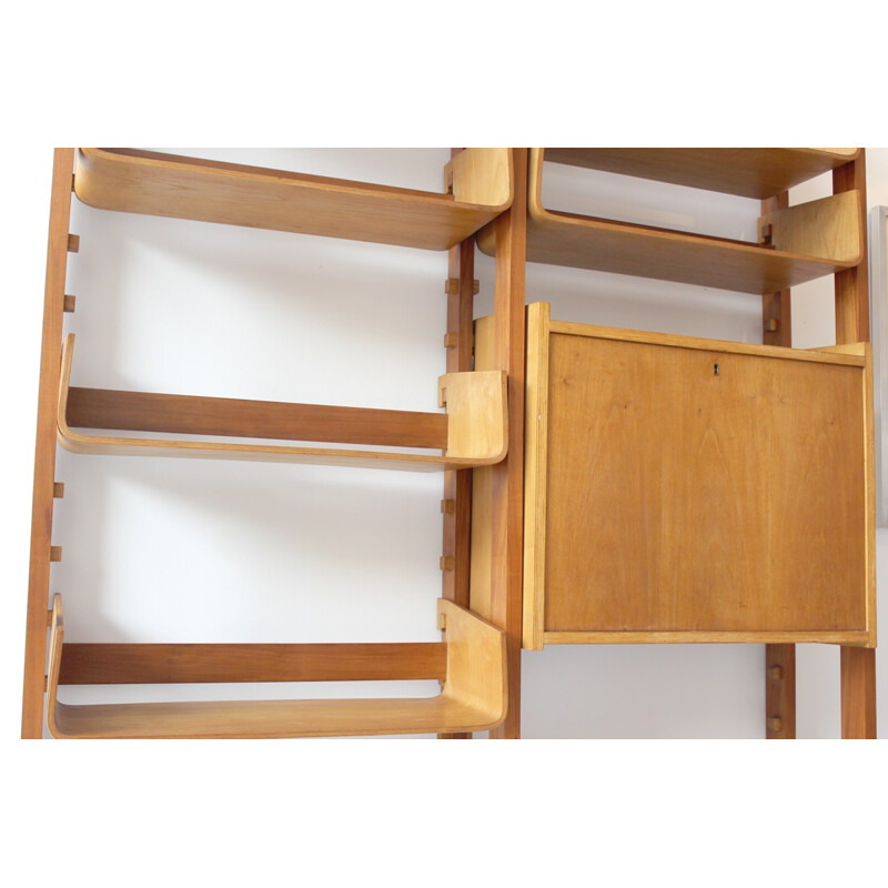 Vintage Italian library dressed with curved birch shelves - 1950s