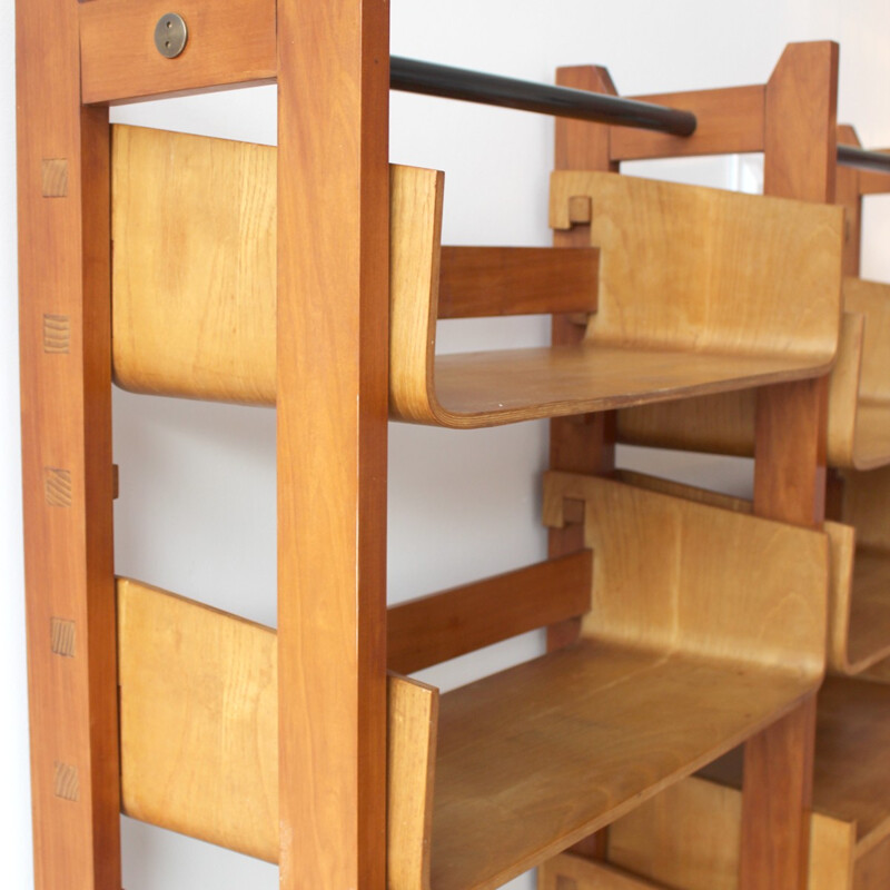 Vintage Italian library dressed with curved birch shelves - 1950s