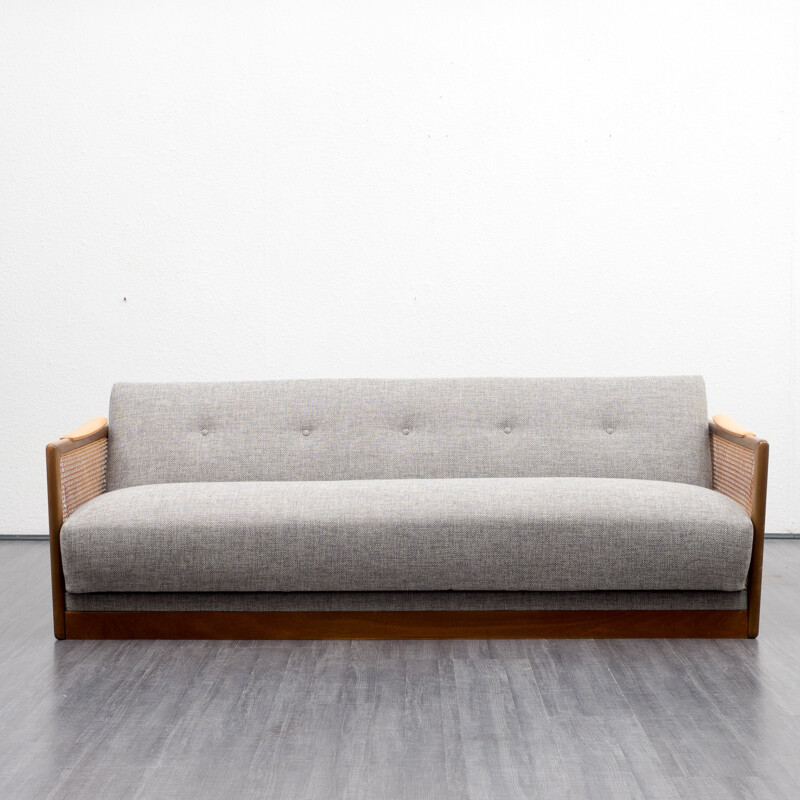Upholstered folding grey sofa with wicker armrests - 1950s