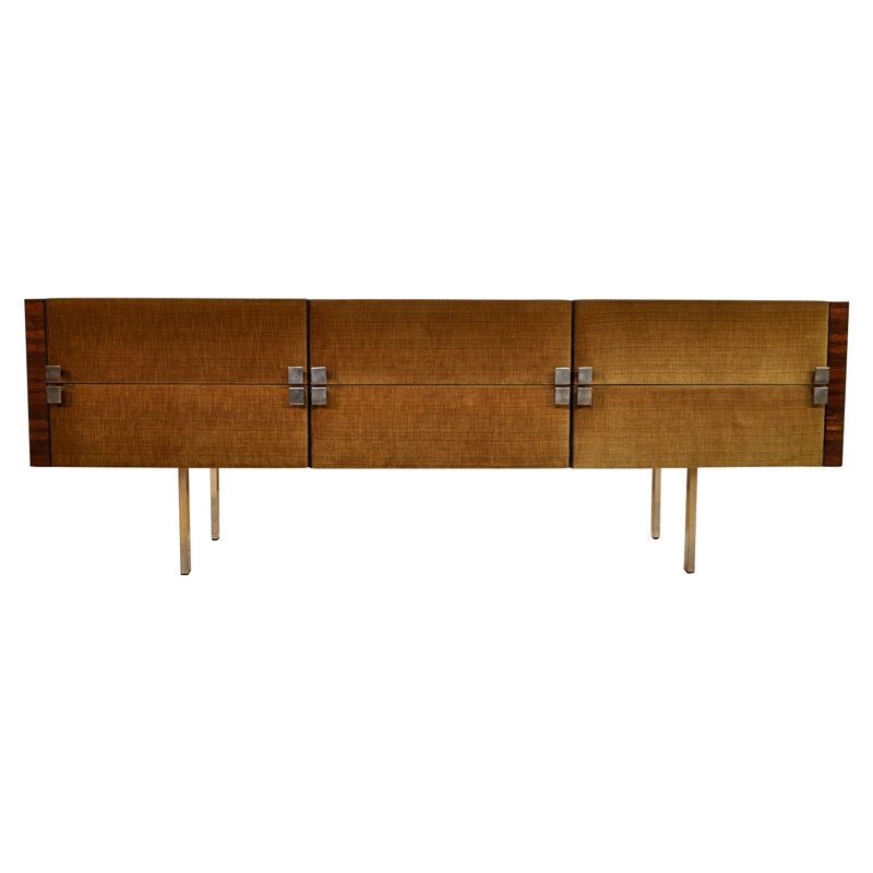 Sideboard in rosewood and light green velvet, Roger LANDAULT - 1960s