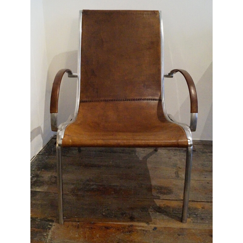 Pair of Italian Tan Leather & Aluminium Armchairs - 1970s