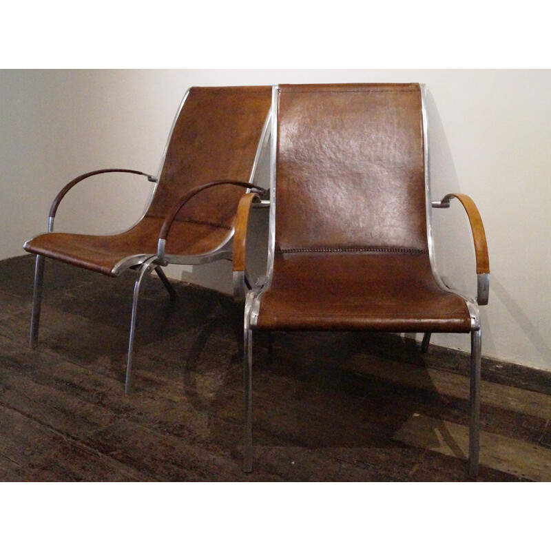 Pair of Italian Tan Leather & Aluminium Armchairs - 1970s