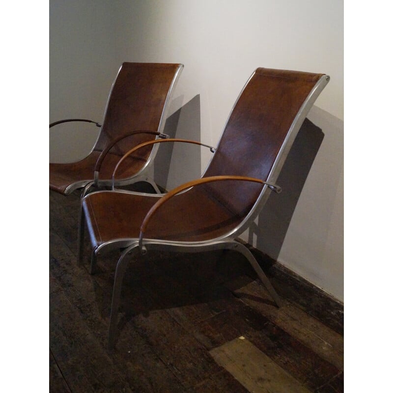 Pair of Italian Tan Leather & Aluminium Armchairs - 1970s