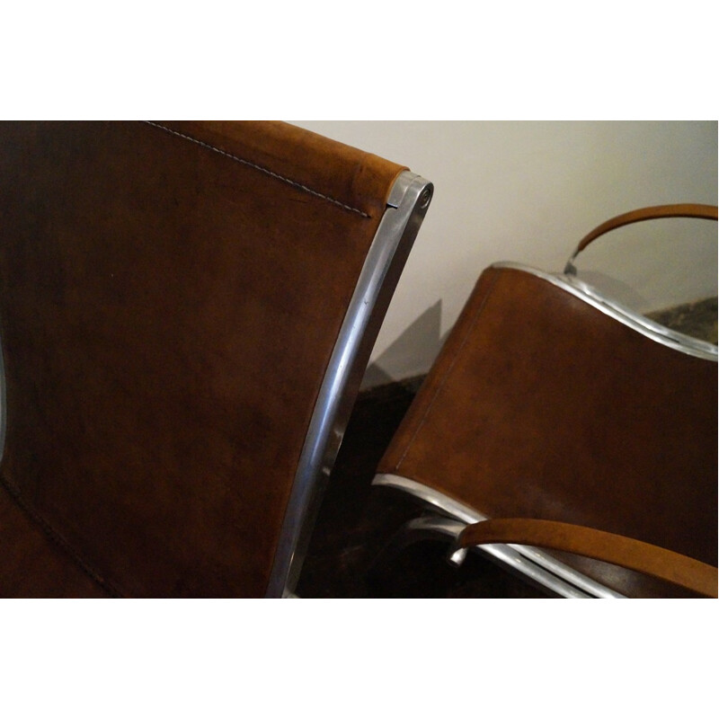 Pair of Italian Tan Leather & Aluminium Armchairs - 1970s