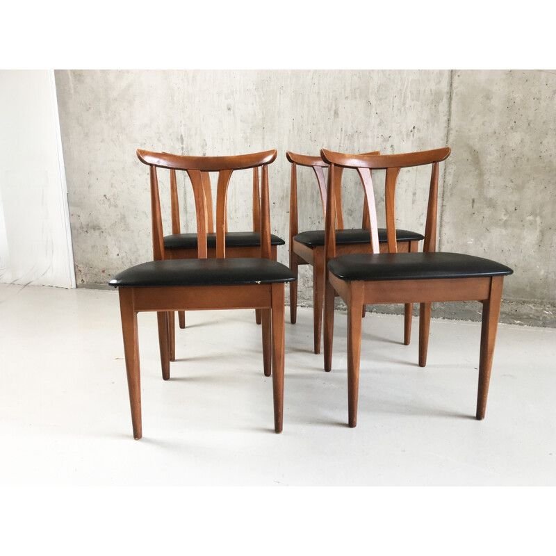 Set of 4 vintage teak and black vinyl dining chairs - 1970s
