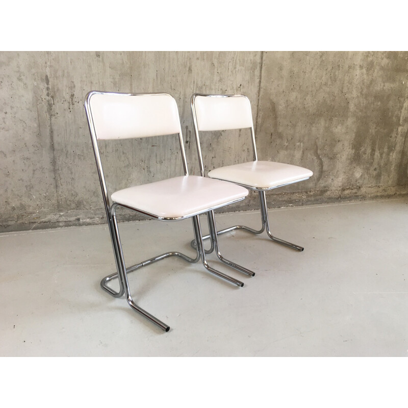 Set of 4 white vinyl and chrome chairs - 1960s