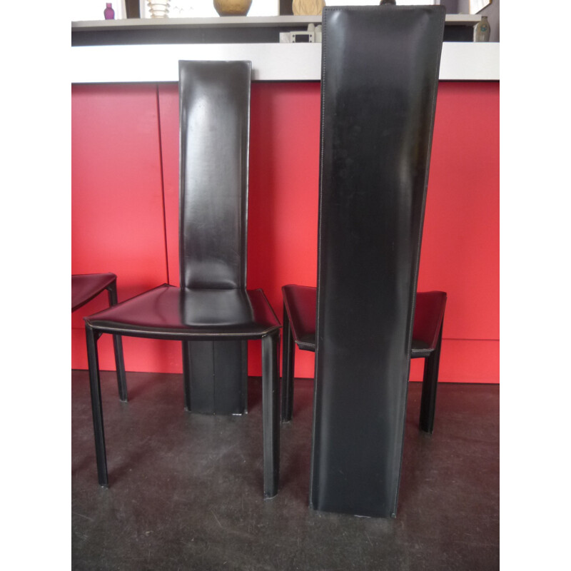 Conjunto de 4 cadeiras de couro preto vintage de De Couro, 1980