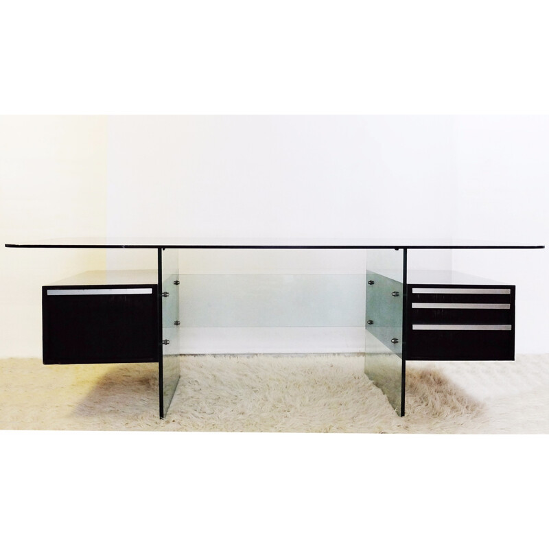 Vintage "Estéral" desk in glass and black lacquered wood by Xavier Marbeau, France 1960