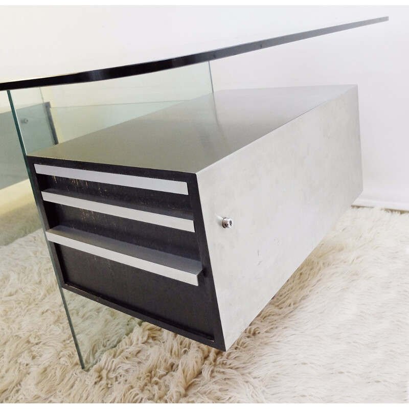 Vintage "Estéral" desk in glass and black lacquered wood by Xavier Marbeau, France 1960