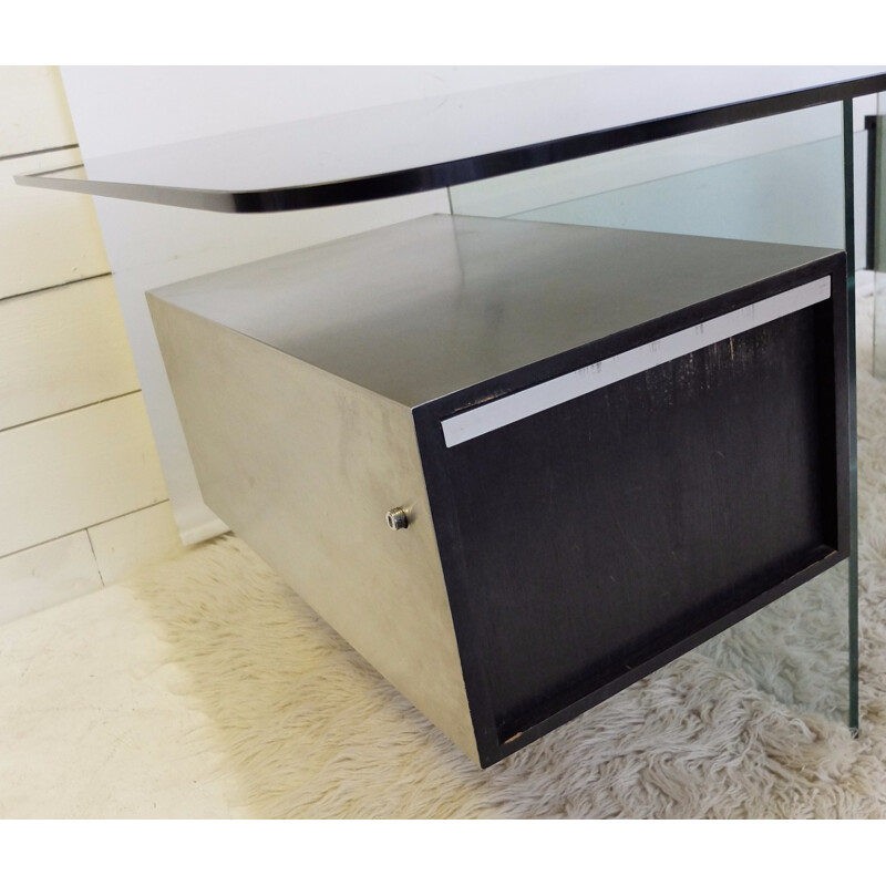 Vintage "Estéral" desk in glass and black lacquered wood by Xavier Marbeau, France 1960
