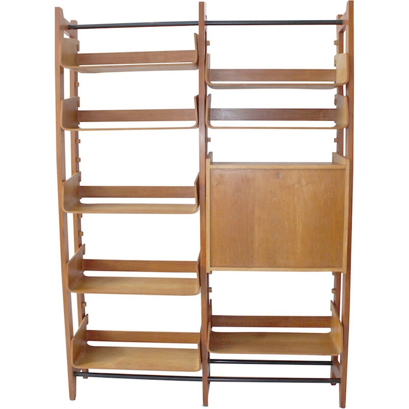 Vintage Italian library dressed with curved birch shelves - 1950s