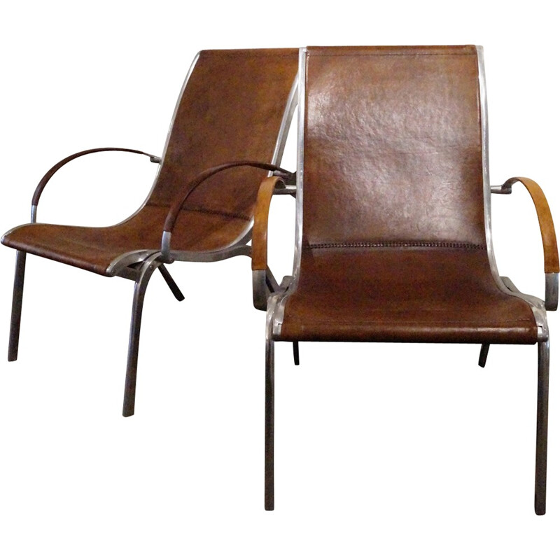 Pair of Italian Tan Leather & Aluminium Armchairs - 1970s