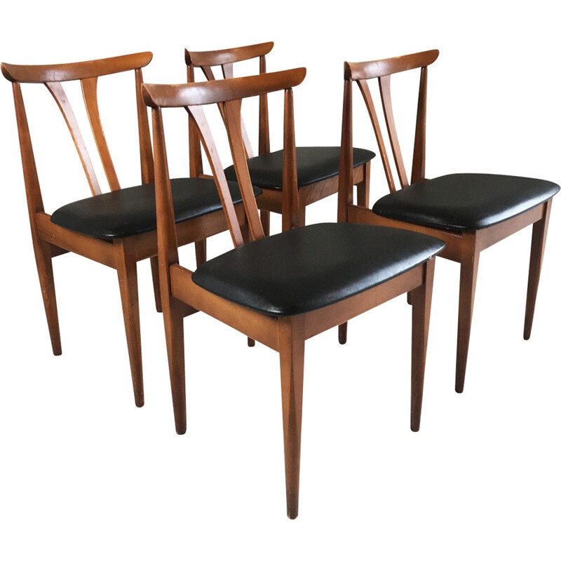 Set of 4 vintage teak and black vinyl dining chairs - 1970s