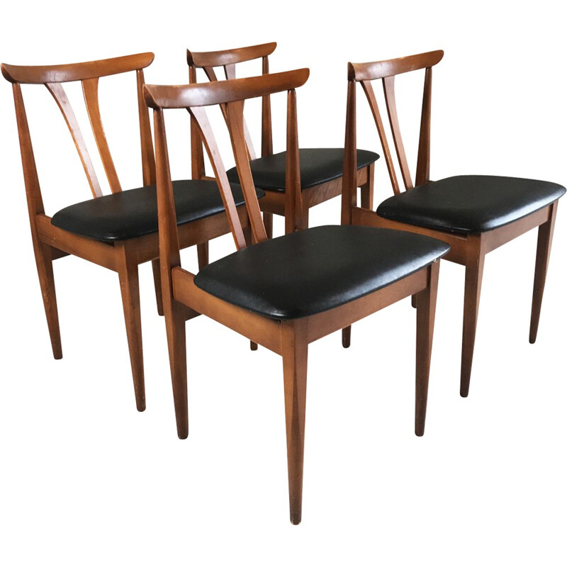 Suite de 4 chaises à repas vintage en teck et vinyle noir - 1970