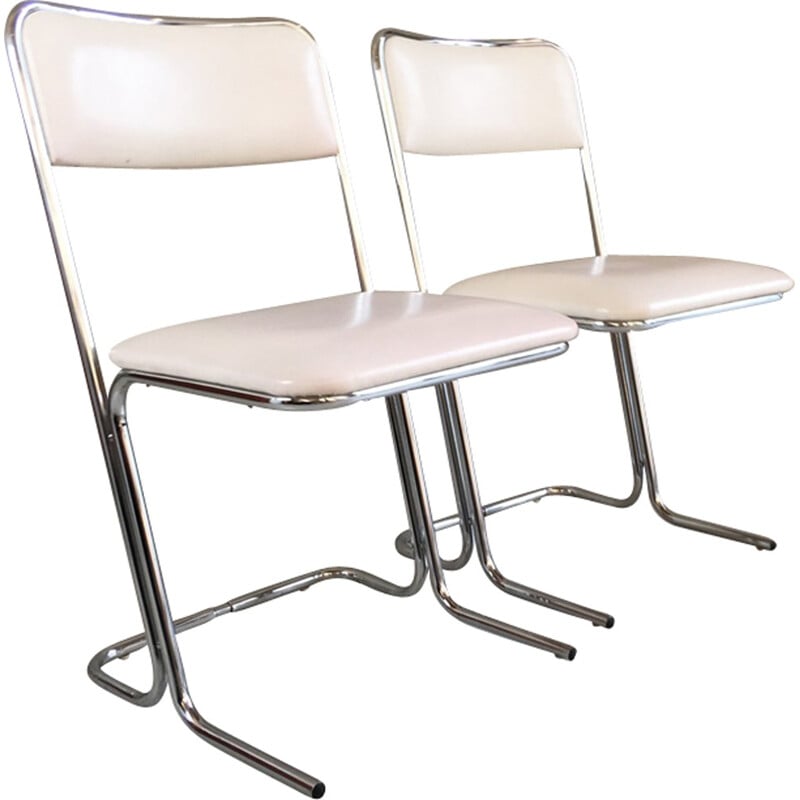 Set of 4 white vinyl and chrome chairs - 1960s