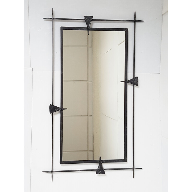 Mirror and brutalist shelf in steel and marble - 1970s