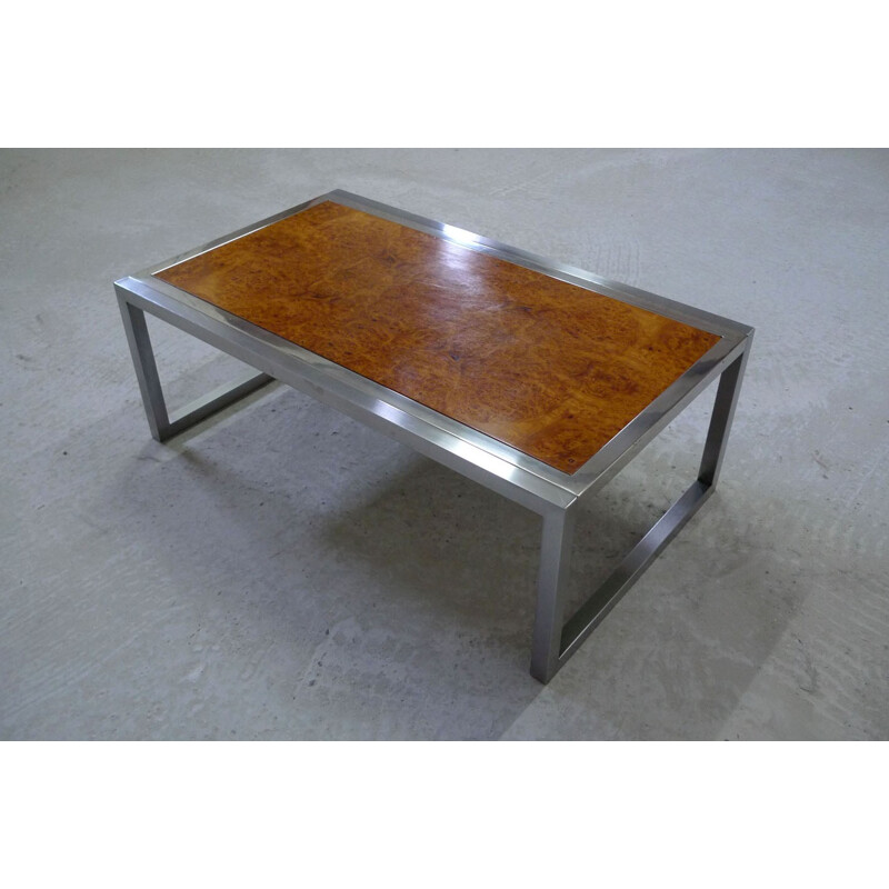 Mesa de centro vintage de cromo y madera, 1970