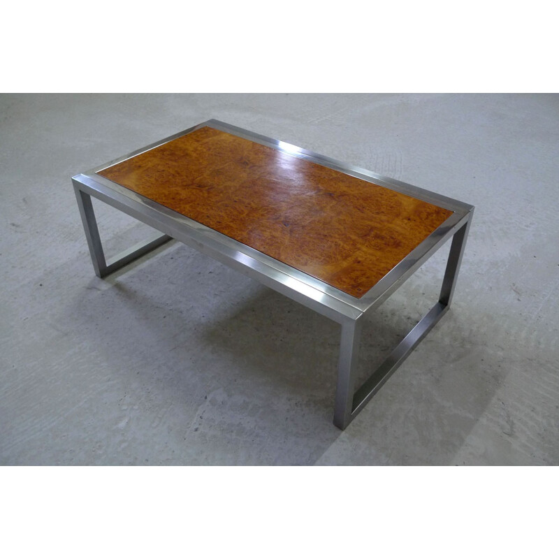 Table basse vintage en chrome et bois, 1970