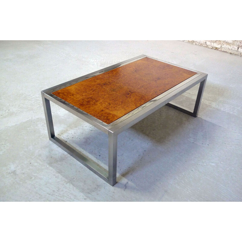 Table basse vintage en chrome et bois, 1970