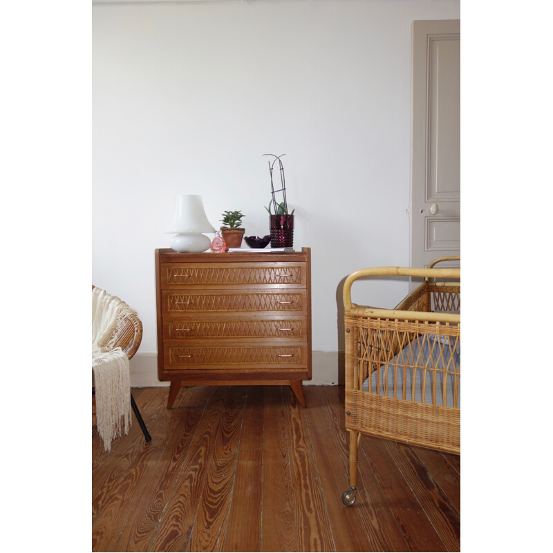 French Vintage Oak and rattan chest of drawers - 1950s