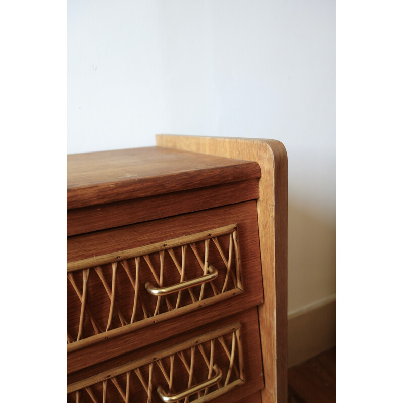 French Vintage Oak and rattan chest of drawers - 1950s