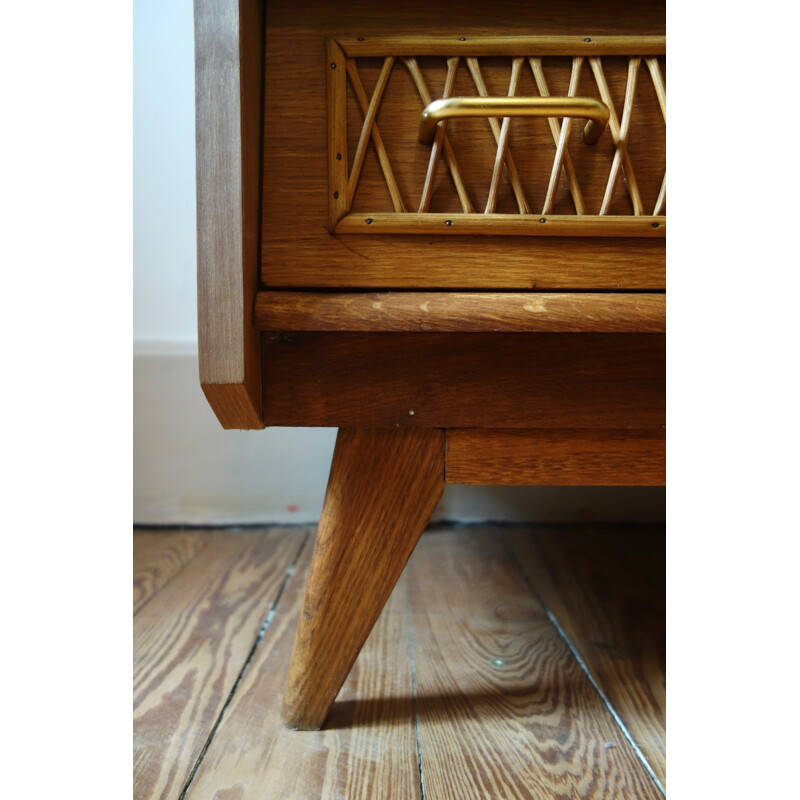 French Vintage Oak and rattan chest of drawers - 1950s