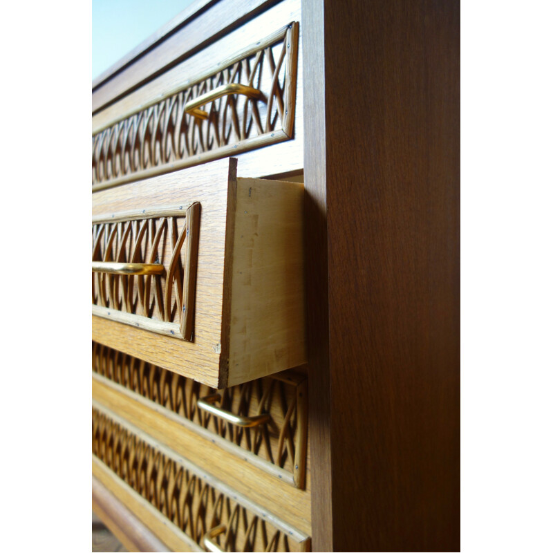 French Vintage Oak and rattan chest of drawers - 1950s