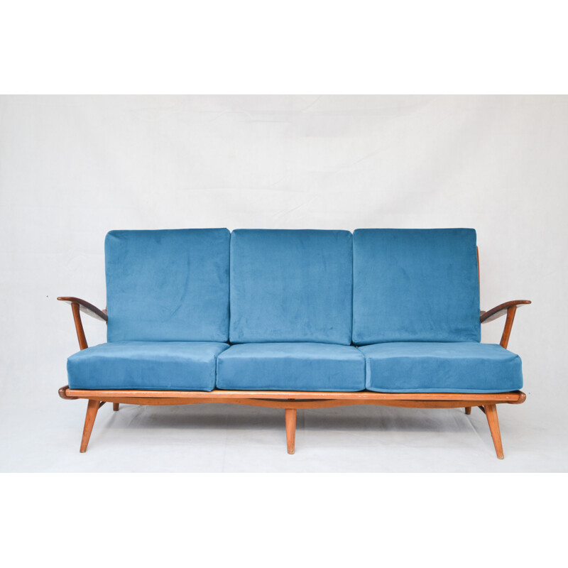 Canapé scandinave vintage retapissé en tissu bleu - 1960