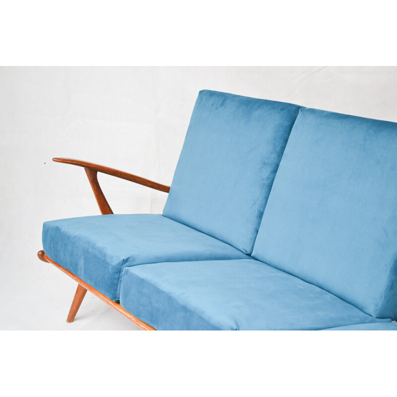 Canapé scandinave vintage retapissé en tissu bleu - 1960