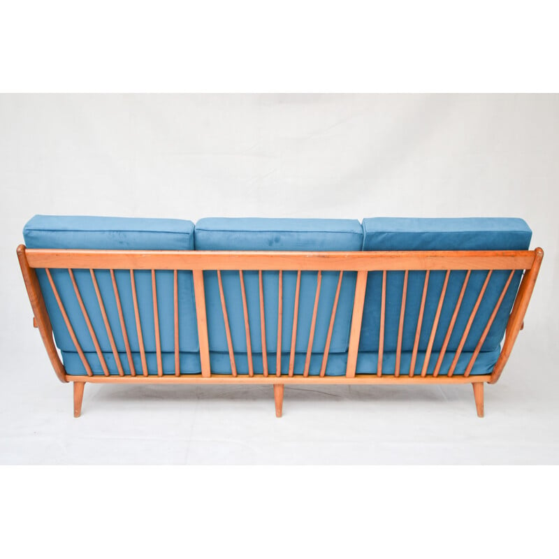 Canapé scandinave vintage retapissé en tissu bleu - 1960