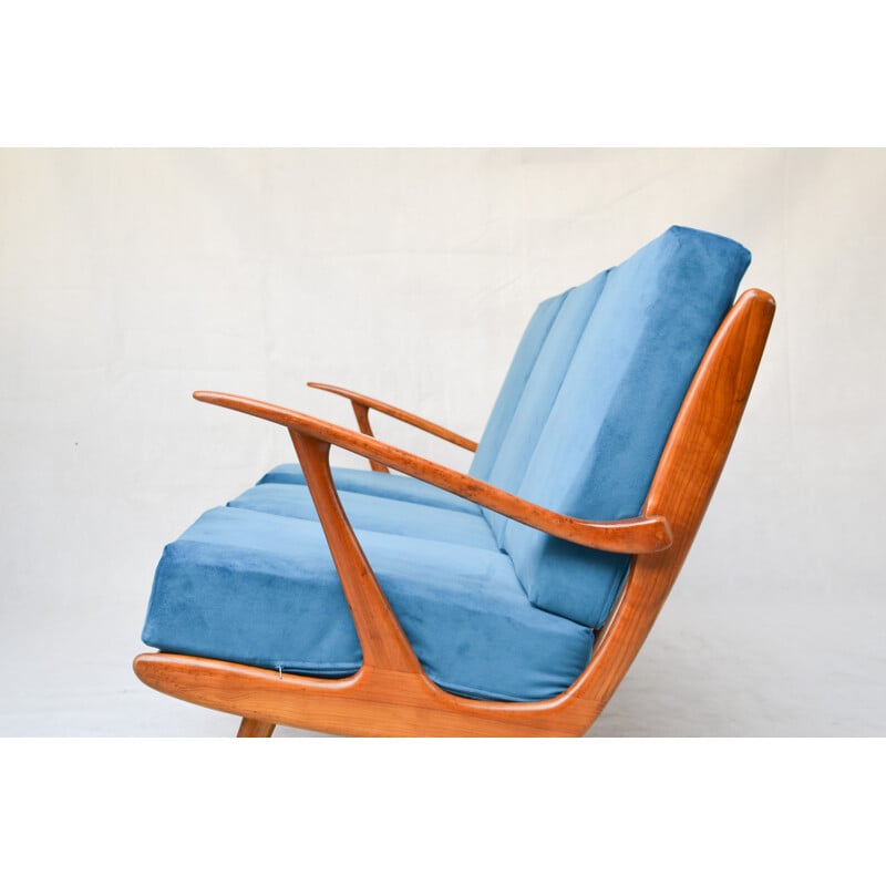 Canapé scandinave vintage retapissé en tissu bleu - 1960