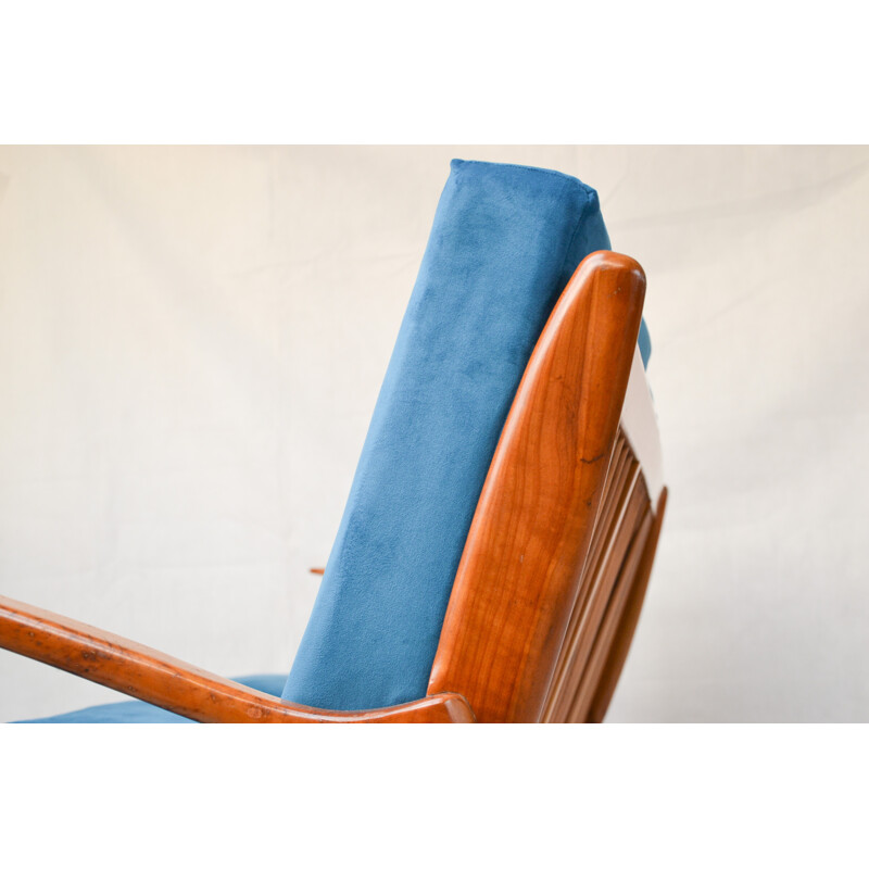 Canapé scandinave vintage retapissé en tissu bleu - 1960