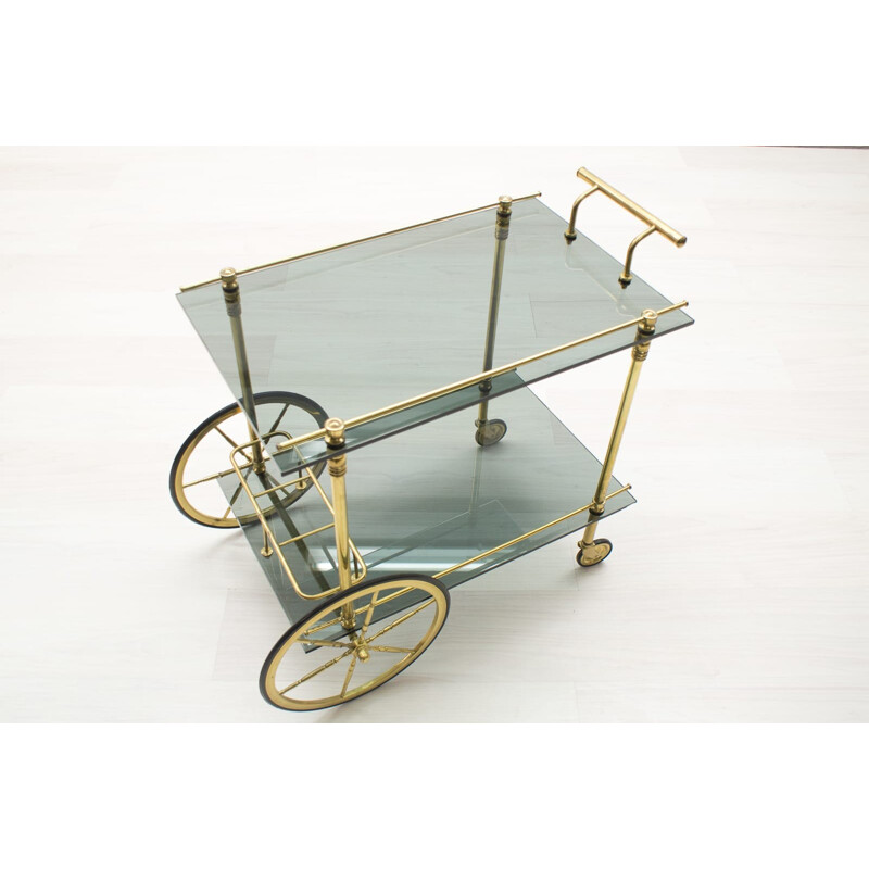 Minimalist Brass & Smoked Glass Serving Cart - 1960s