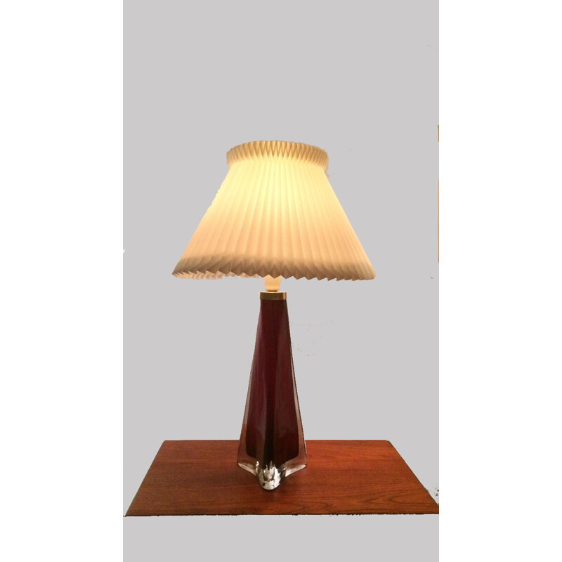 Vintage triangular table lamp in red and clear glass by Carl Fagerlund for Orrefors, 1960