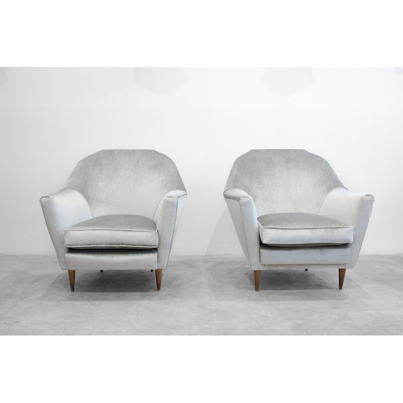 Pair of vintage silver grey velvet armchairs - 1960s