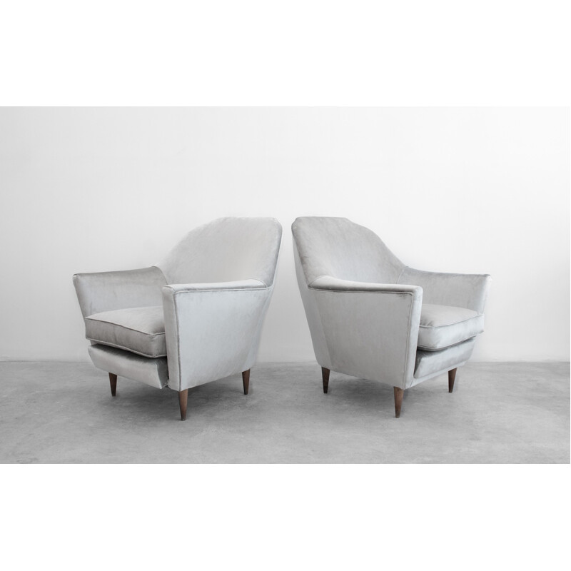 Pair of vintage silver grey velvet armchairs - 1960s