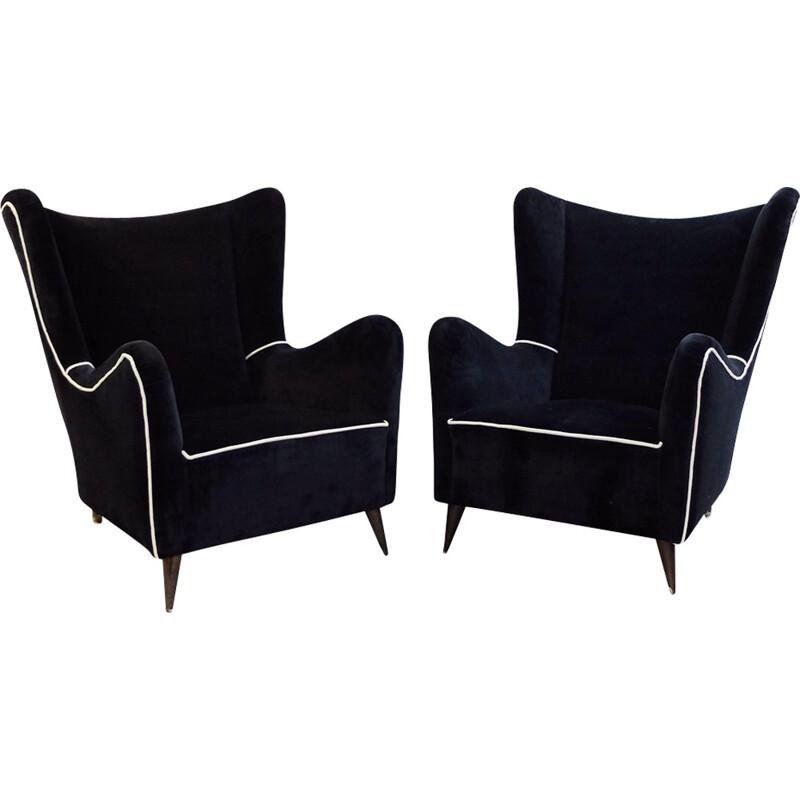 Pair of  refurnished Italian black armchairs - 1950s